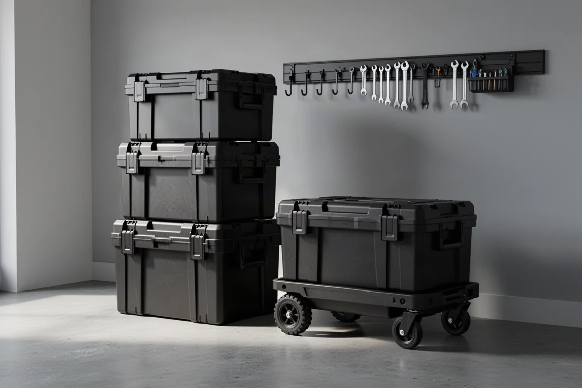 Ryobi LINK modular toolboxes stacked on a rolling base beside a garage wall rail