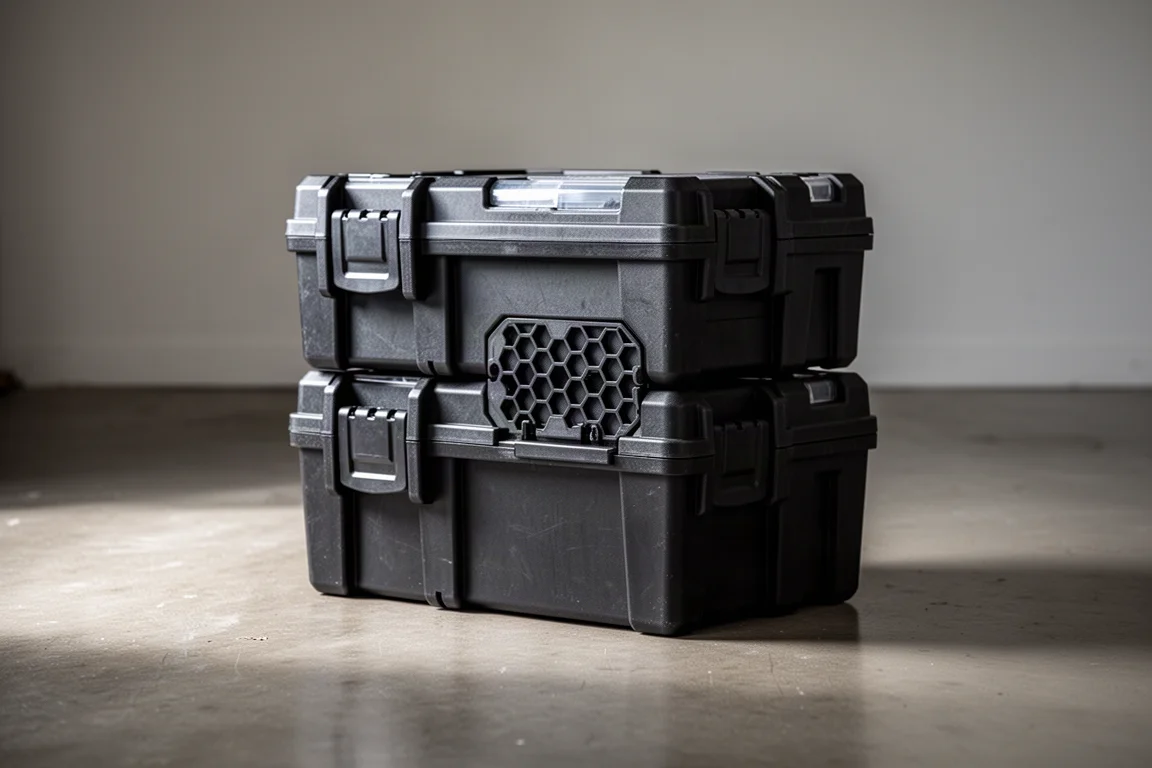 Black modular tool boxes stacked and locked together on a garage floor