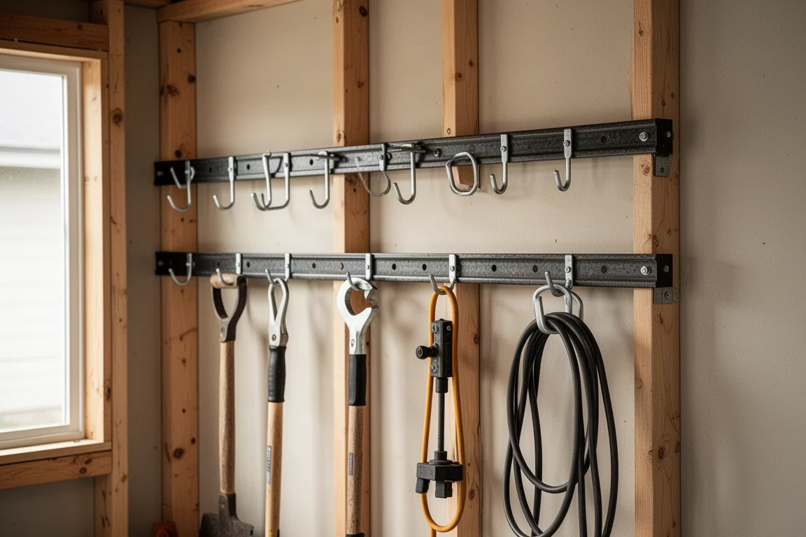 Garage wall with metal storage rails and hooks mounted into wooden studs