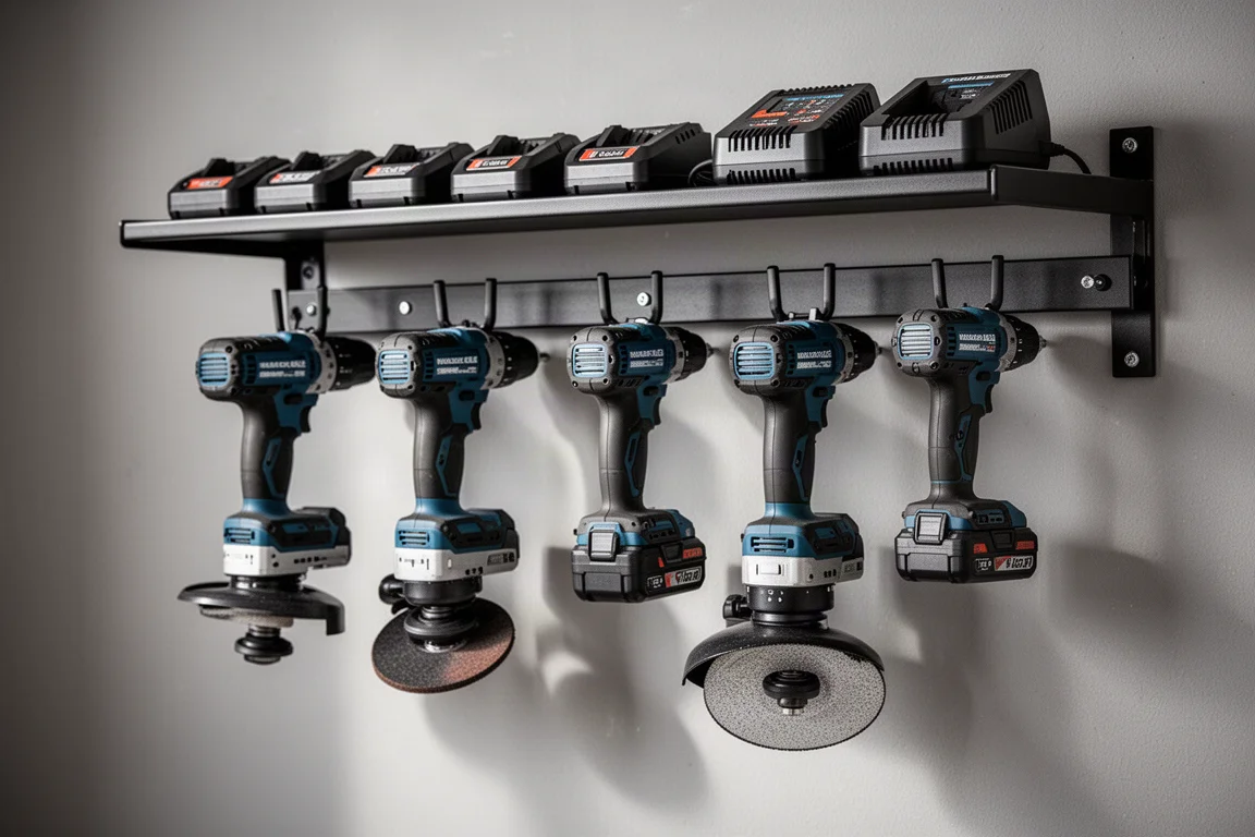 Cordless drills hanging upside down from a metal tool organizer shelf