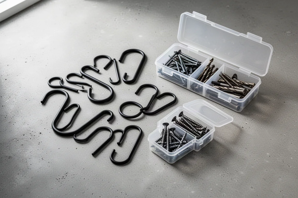 Assorted metal hooks and small storage bins arranged on a workbench