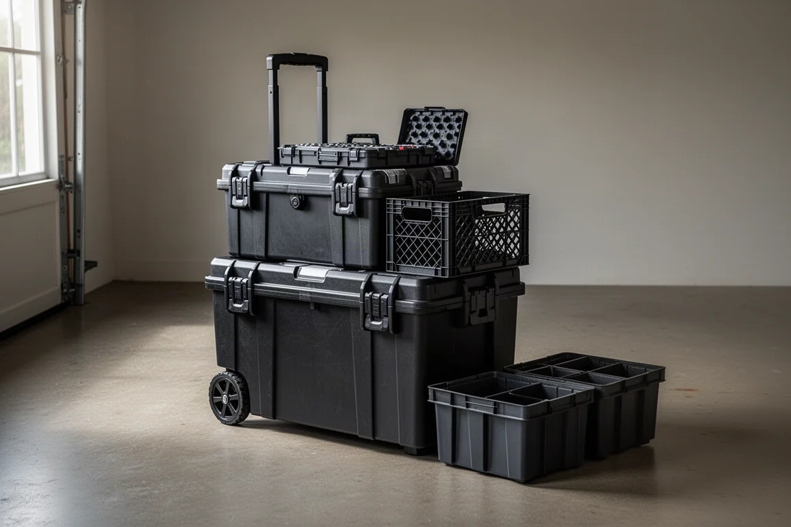 Modular black tool storage boxes, crate, and organizer bins arranged on a concrete floor