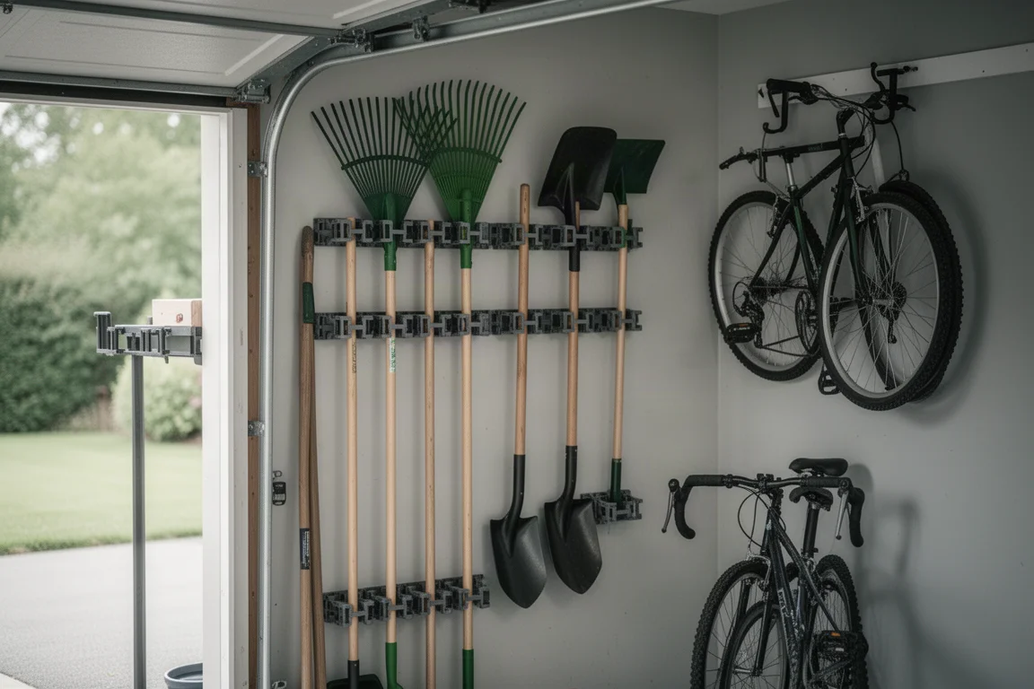 Ordnungsgerechte Garagenwand mit Schienen, an denen Rechen, Schaufeln und ein hängendes Fahrrad hängen