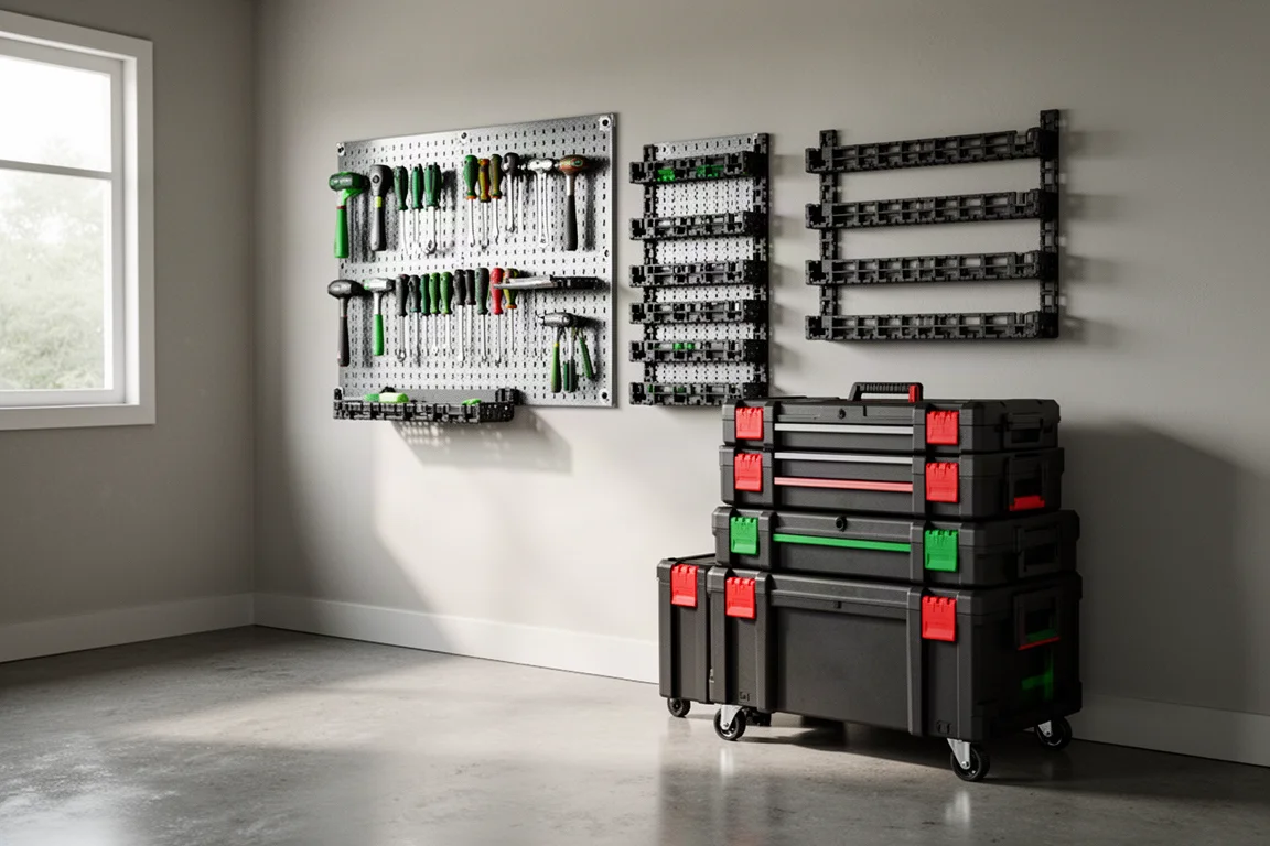 Sistemi di archiviazione a parete per garage con pegboard, rotaie e cassette per attrezzi impilate