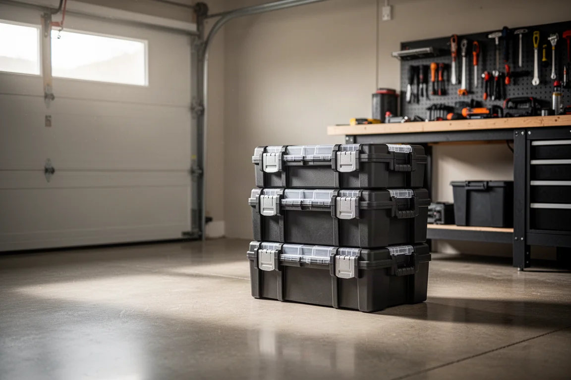 Stacked modular tool boxes on a garage floor next to a workbench