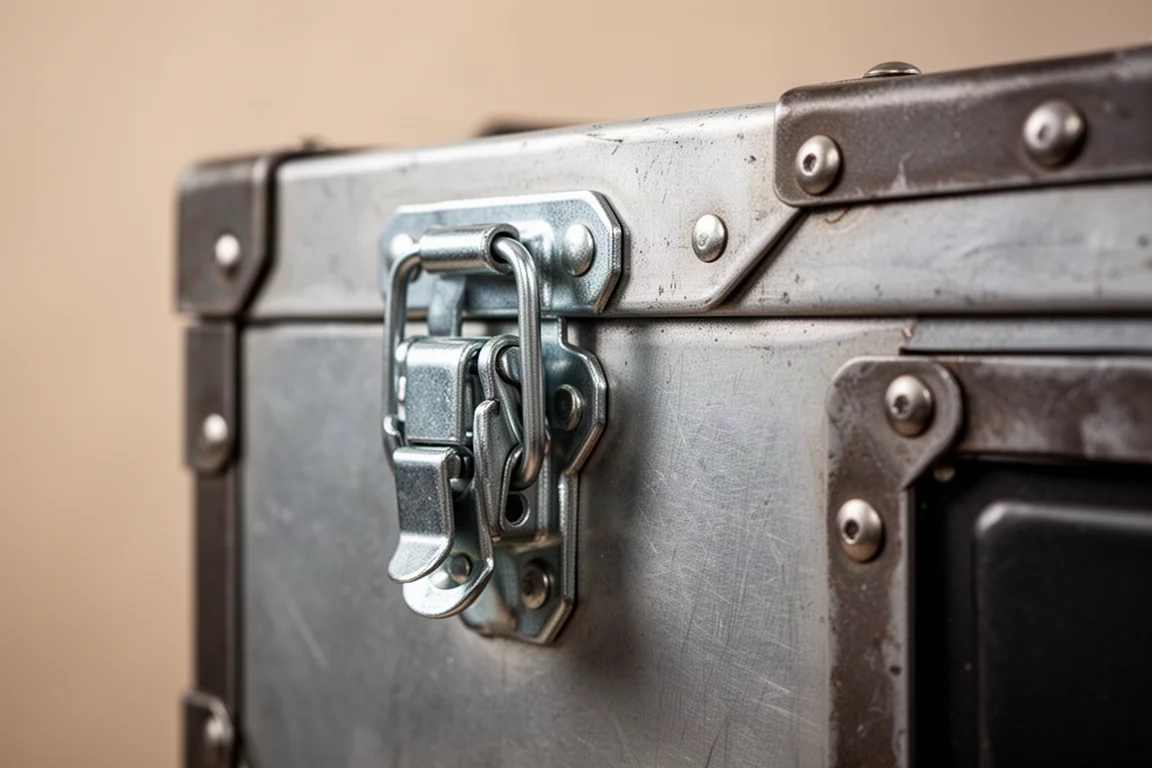 Close-up of heavy-duty latches on a modular tool box