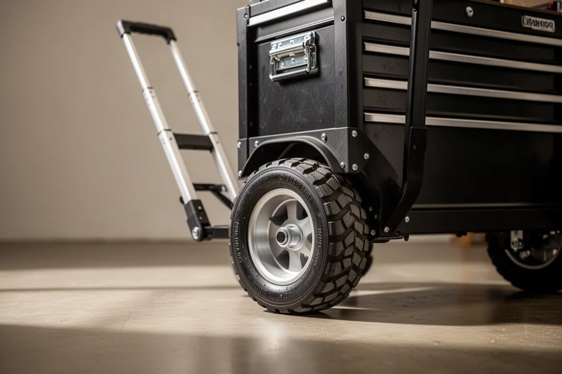 Rolling tool box with large wheels on a workshop floor