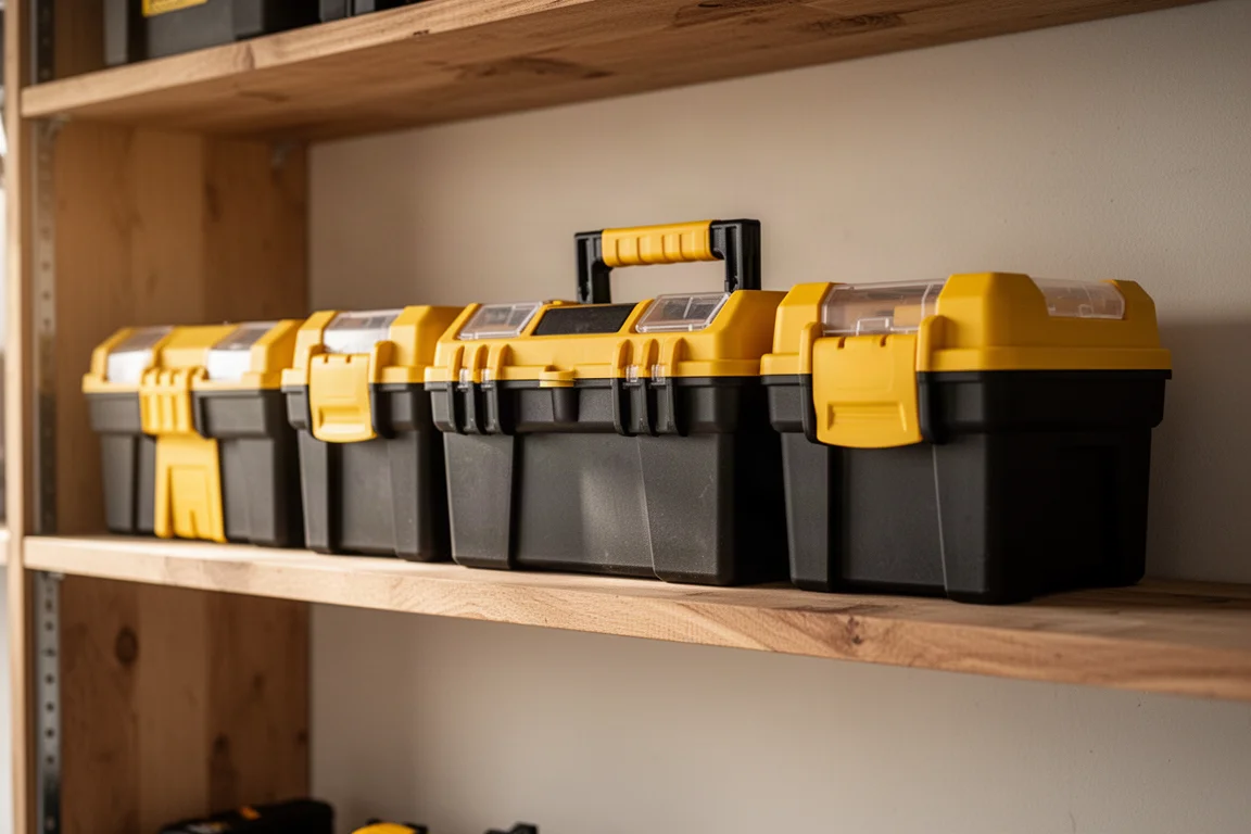 Yellow and black tool storage boxes arranged on a garage shelf