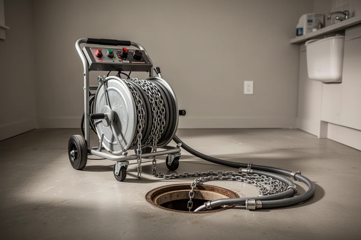 Déboureur portable sur roues positionné à côté d'une ouverture de canalisation