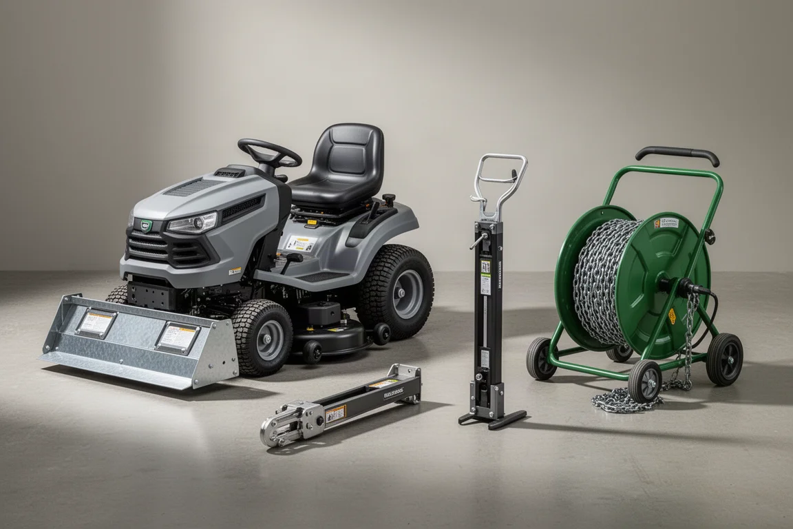 Trattorino elettrico Ryobi e attrezzi per il mestiere Milwaukee disposti su una superficie di cemento