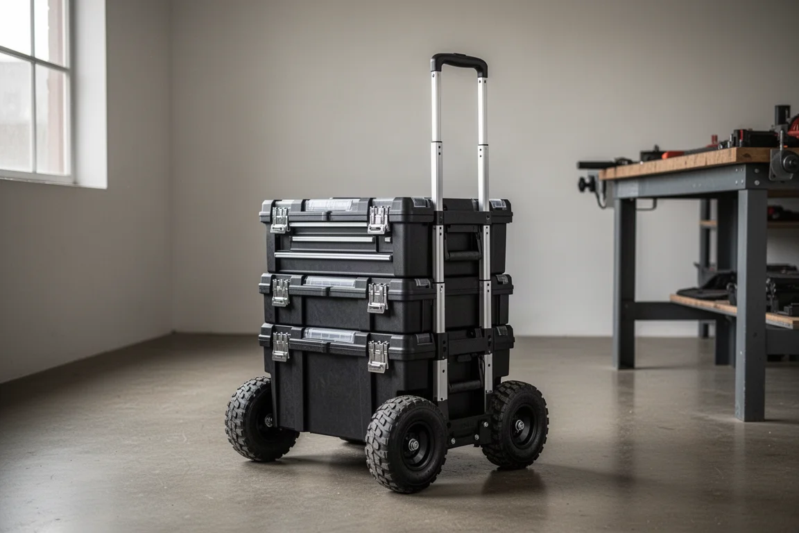 Rolling tool box stack with a tall telescoping handle on a concrete jobsite floor