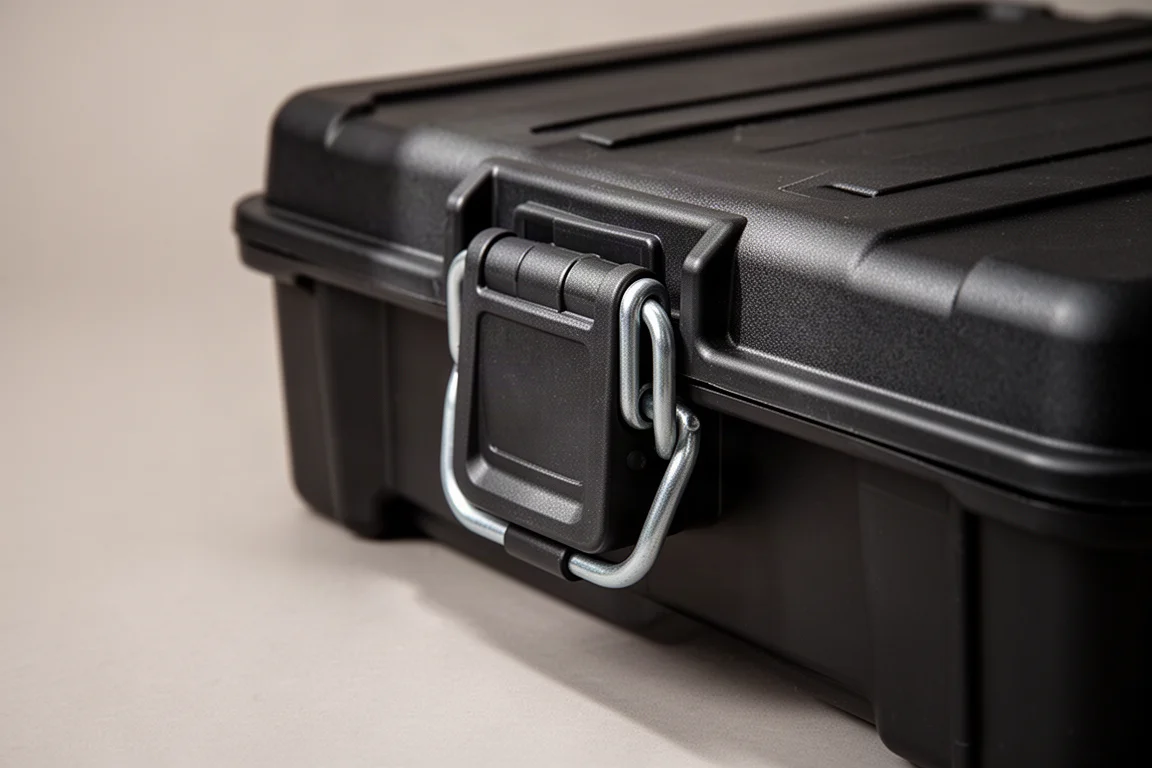 Close-up of a tool box latch and steel bale wire hinge detail