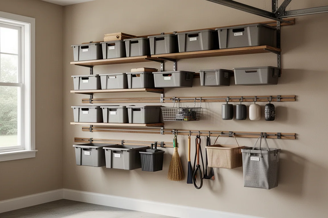 Wall-mounted storage rails with shelves and bins in an organized garage