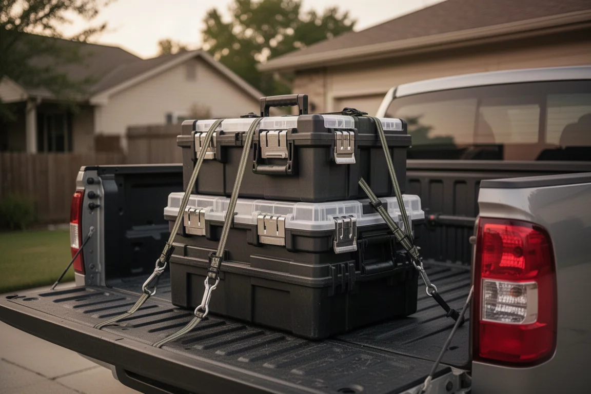 Tool boxes secured with tie-down straps in the bed of a pickup truck