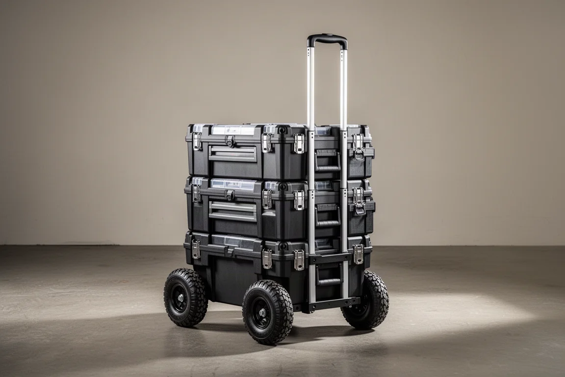Rolling modular tool box stack with large wheels and telescoping handle on concrete