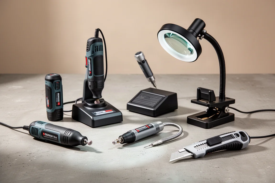 Five cordless Ryobi workshop tools arranged on a concrete surface