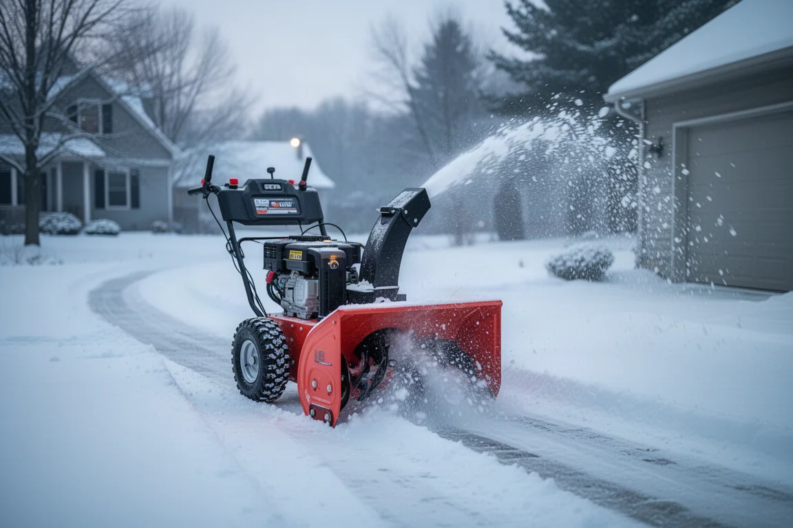 Schneefräse räumt eine Wohnstraßen-Einfahrt an einem verschneiten Morgen