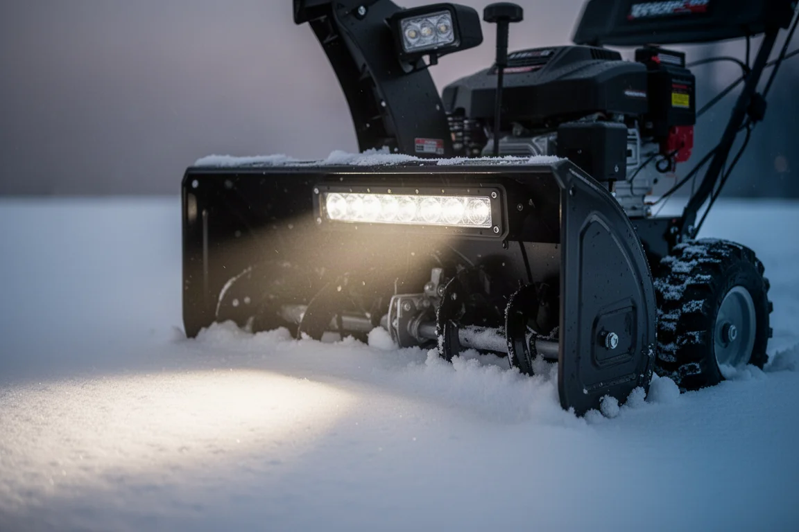 Nahaufnahme einer LED-Leuchte, die Schnee bei schlechten Lichtverhältnissen ausleuchtet