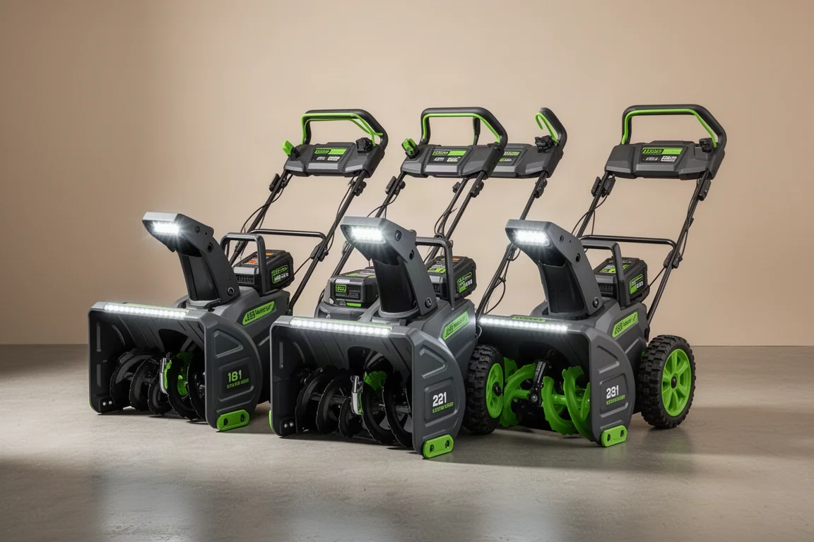 Three Ryobi single-stage snow blowers lined up on a concrete surface
