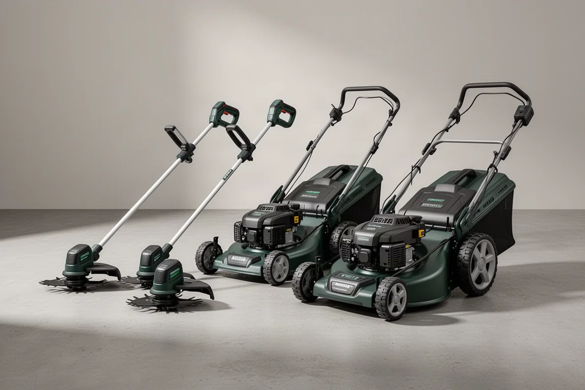 Ryobi string trimmers and battery mowers arranged on a concrete surface