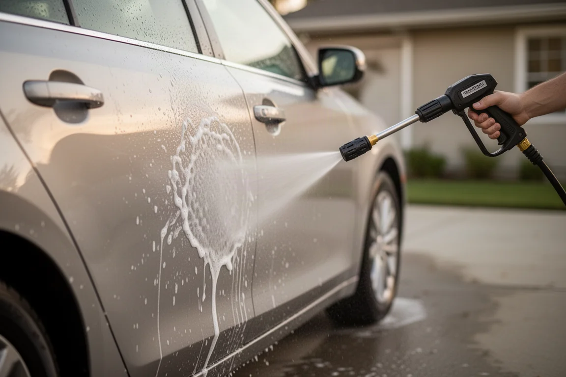 Hidrolavadora enjuagando un coche con un abanico suave de agua en una entrada