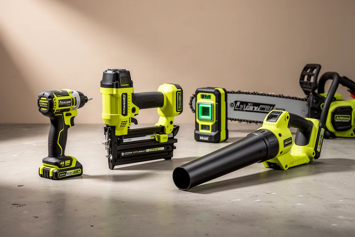 Collection of new cordless power tools arranged on a concrete workshop surface