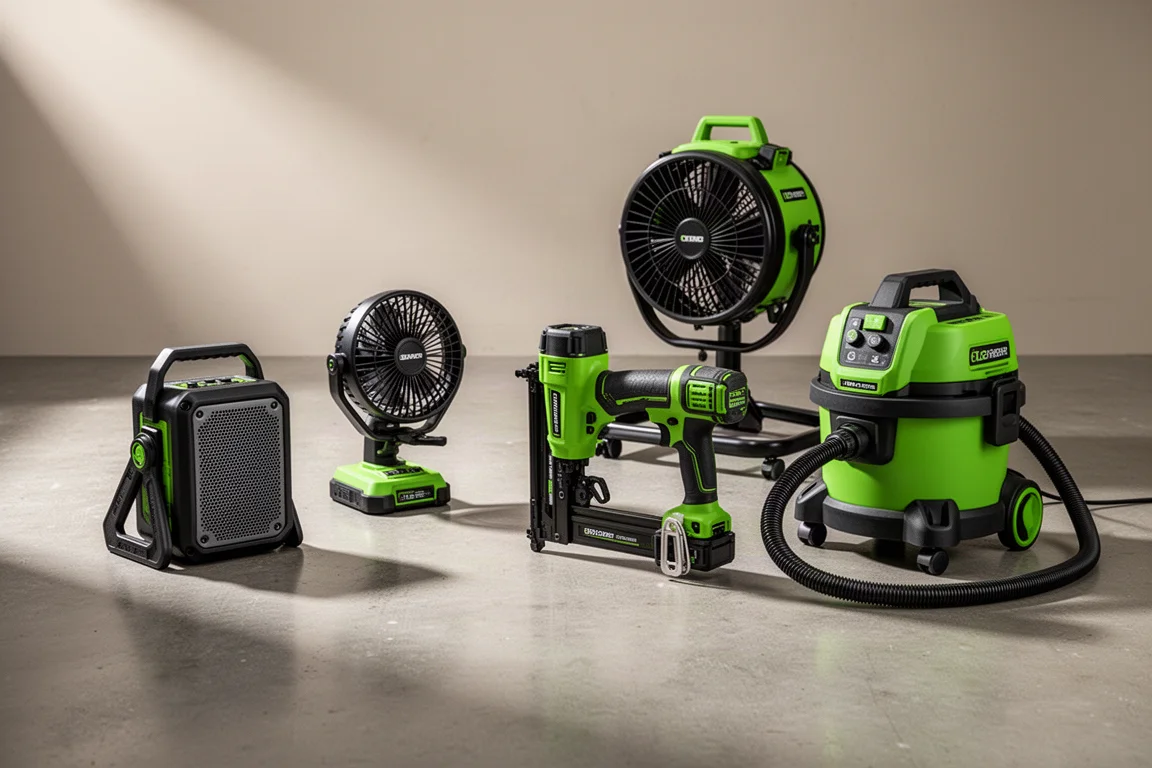 Grüne und schwarze kabellose Elektrowerkzeuge und Zubehörteilesortiment auf einem Betonboden in der Werkstatt