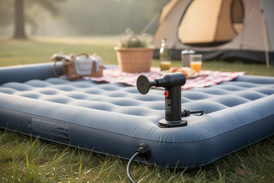 Pequeño inflador de mano inflando un colchón de aire en un campamento