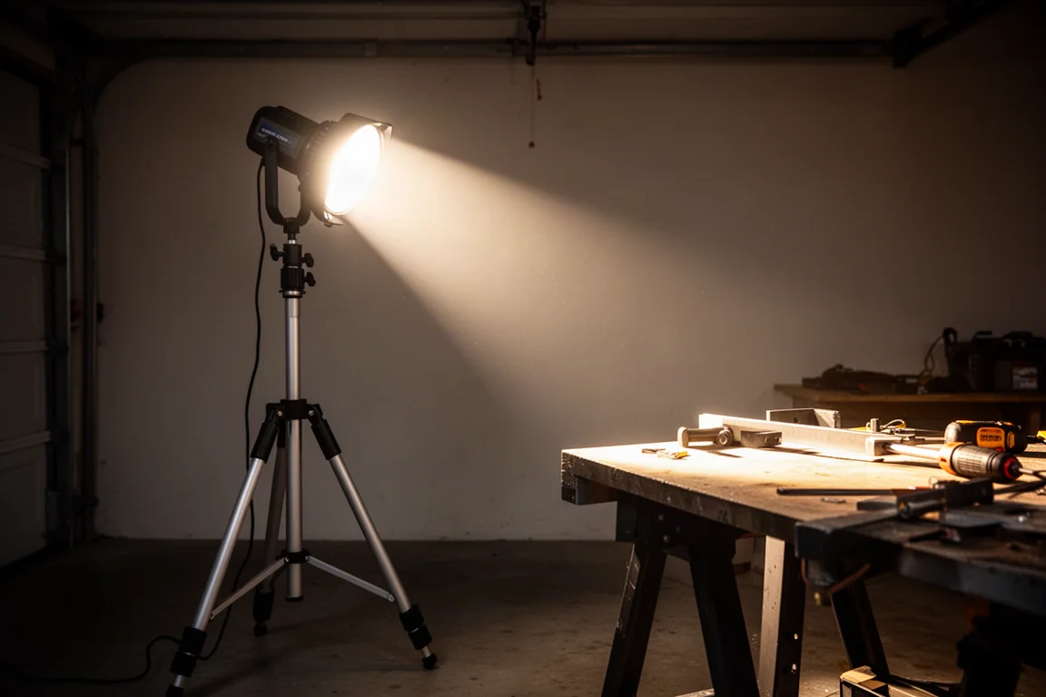Luz LED de trípode con cabezal pivotante iluminando un área de trabajo oscura