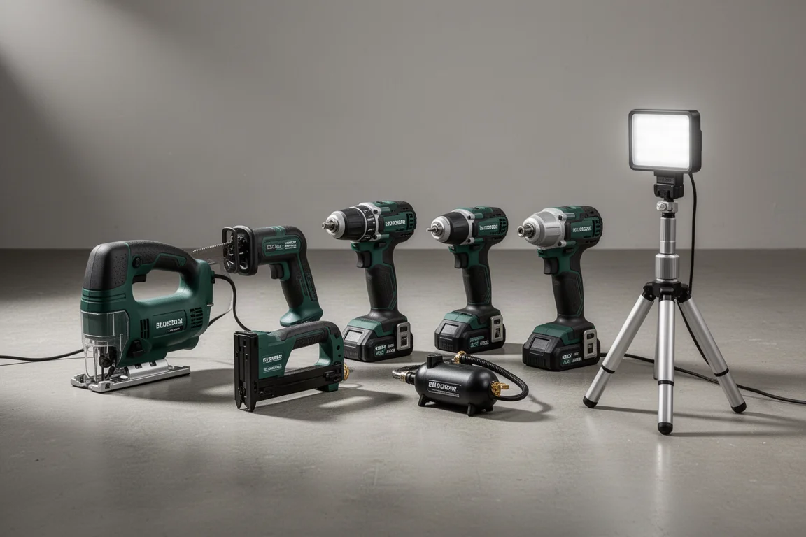 Lineup of new Ryobi cordless tools on a concrete workshop floor