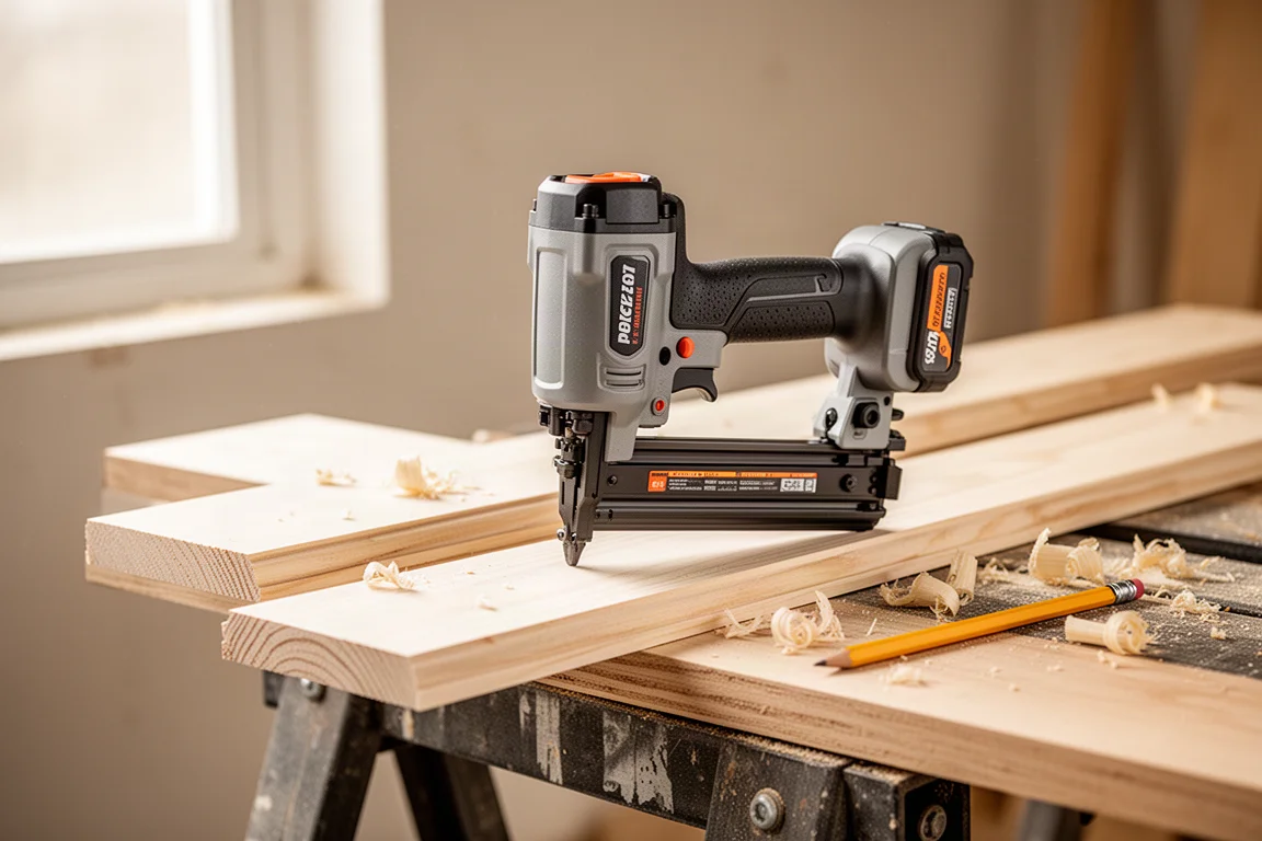 Cordless pin nailer driving a pin into a trim board on a workbench