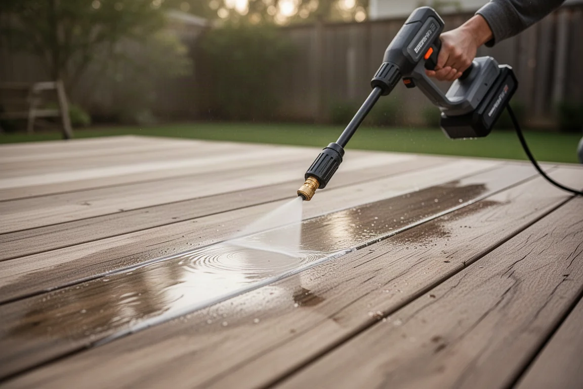 Portable pressure washer rinsing a wooden patio deck