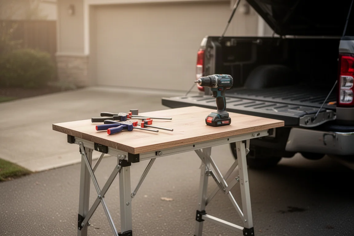 Folding workbench loaded with tools next to a pickup truck