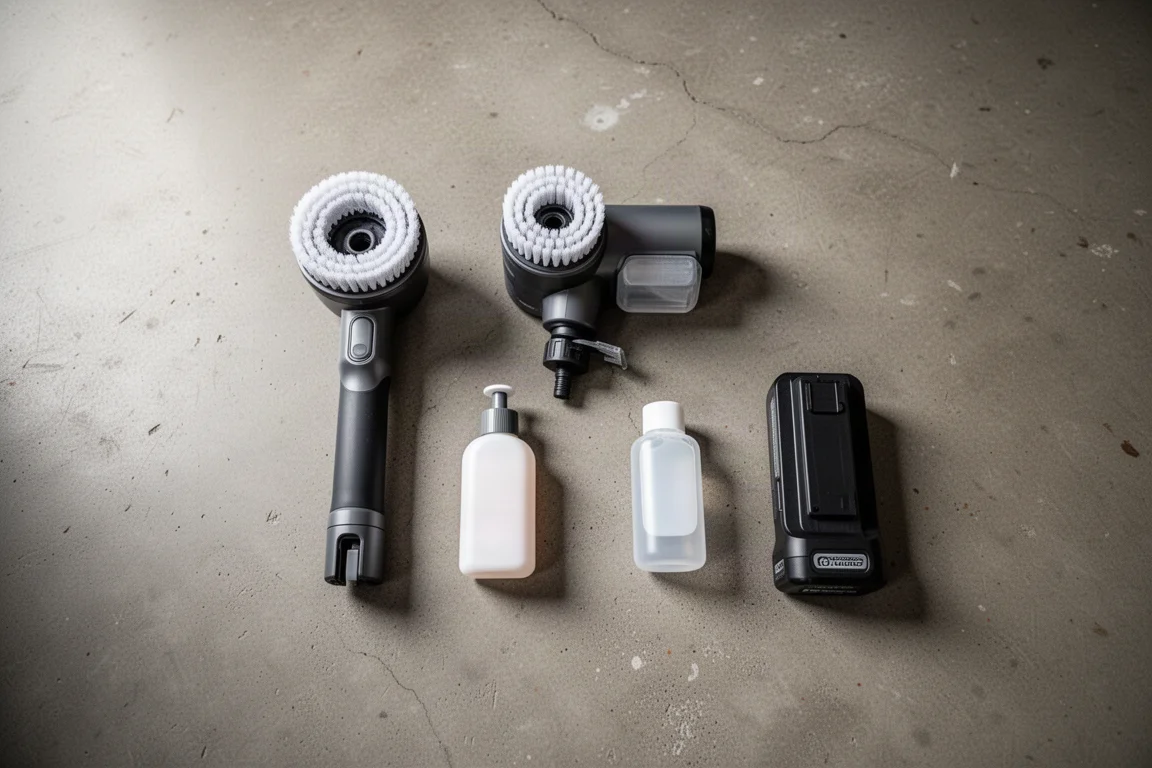Cordless power scrubber laid out with brush head, handle, soap container, and battery