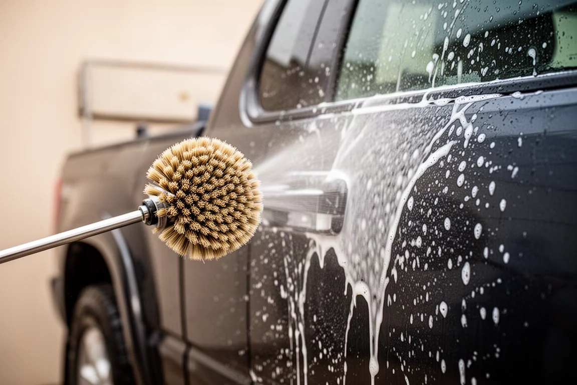 Power scrubber spraying soap and water onto a truck panel