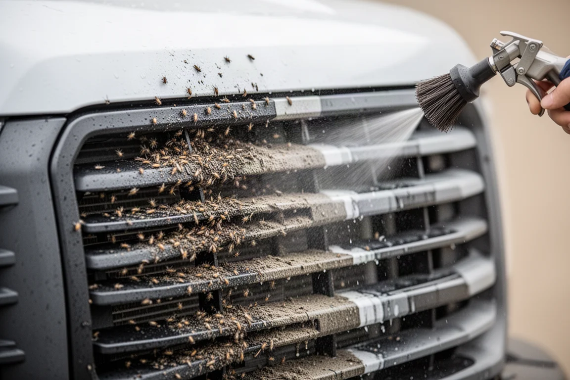 Bug and grime buildup on a truck grille being cleaned