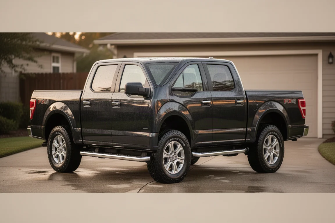 Cleaned pickup truck with running boards and wheels after a home wash