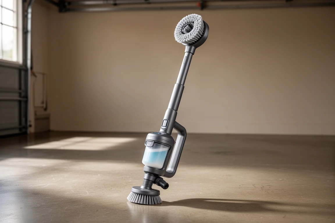 Ryobi ONE+ 18V Power Scrubber in piedi in un garage con testa spazzola e contenitore di sapone