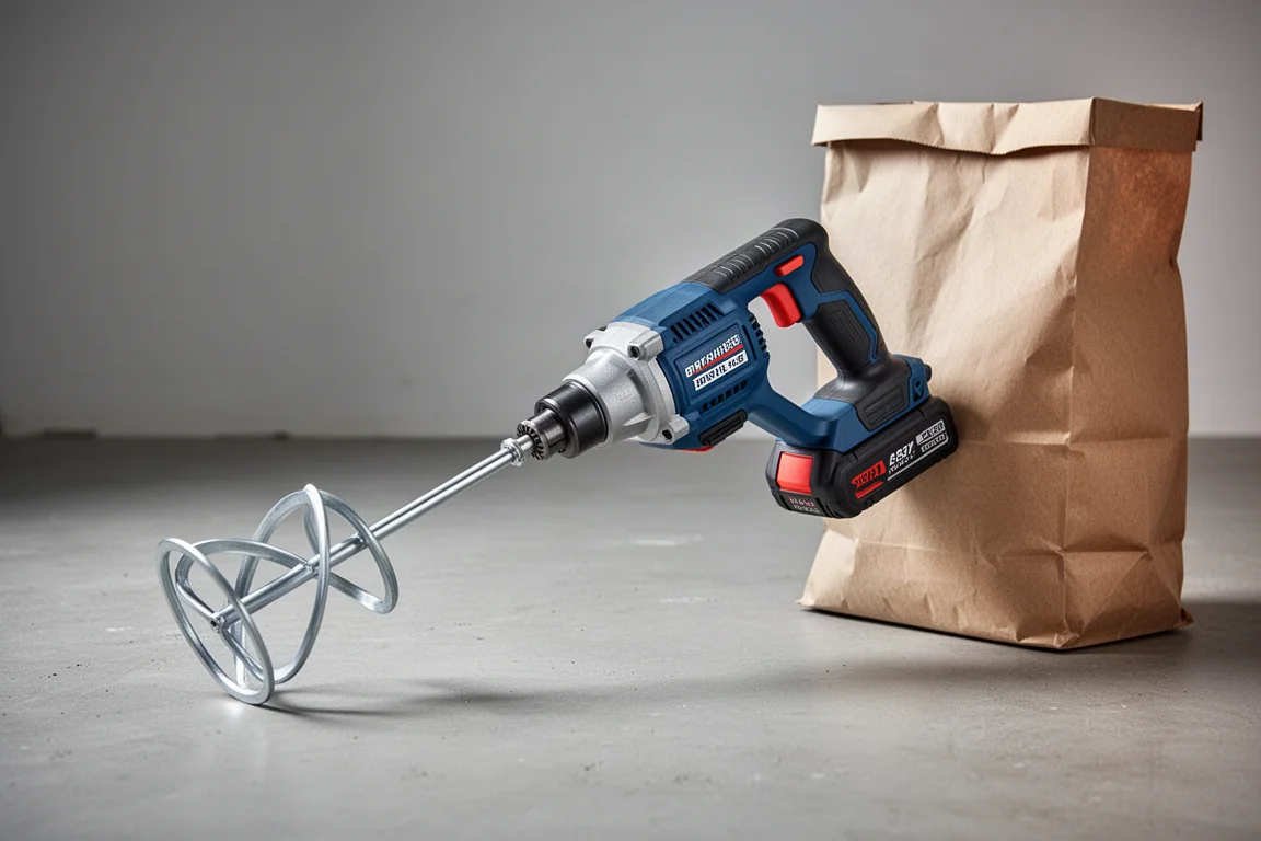 Snoeloze mud mixer met D-handvat en mengpeddel op een werkbankoppervlak