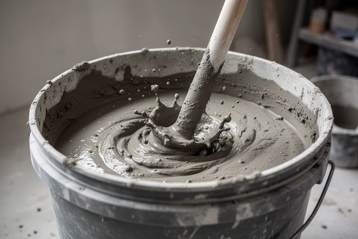Mengpeddel die dikke natte beton roert in een grote emmer