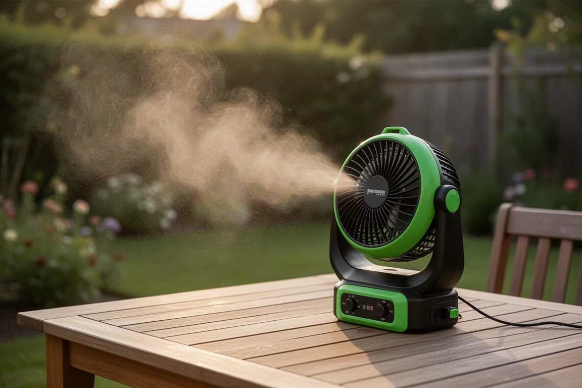 Misting fan running on a patio with fine water mist drifting through sunlight