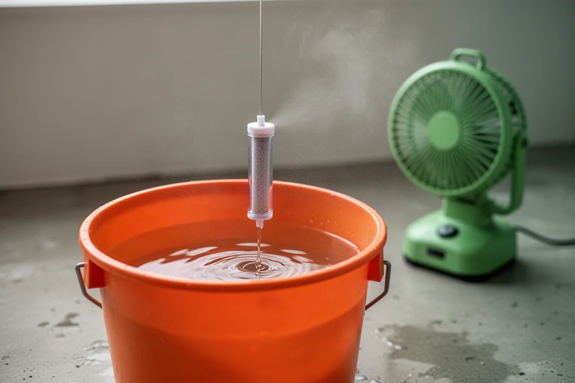Small filter being lowered into a bucket of water next to the fan