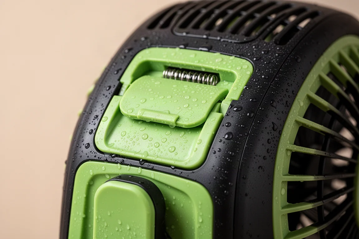 Battery bay cover closed on the back of a portable fan, water beading nearby