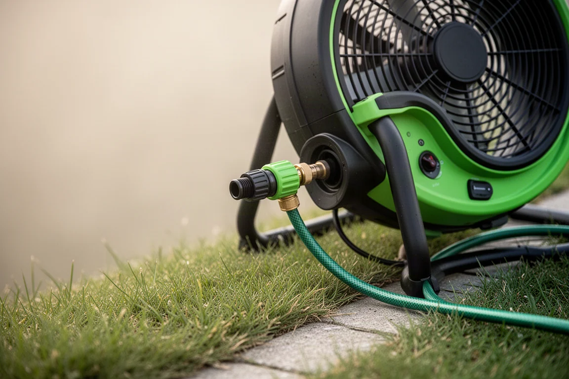 Garden hose connected to the fan's inlet for continuous water supply