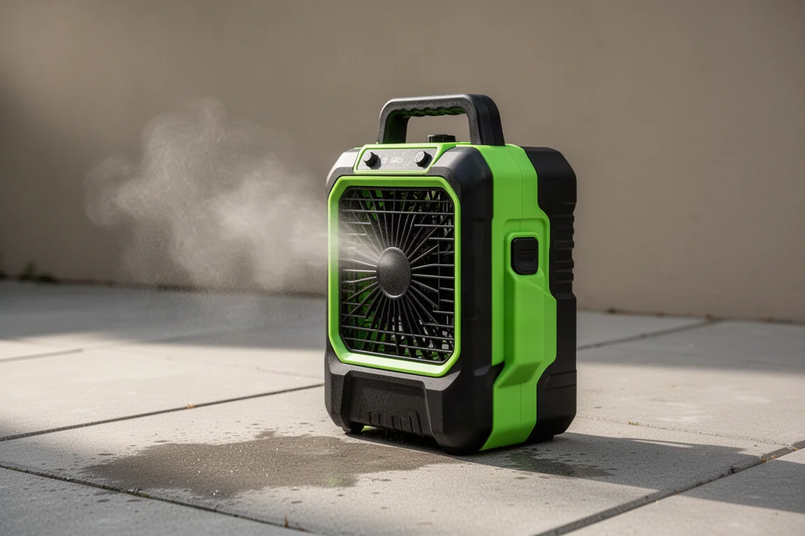Ventilatore a nebulizzazione senza filo verde e nero su un patio in cemento con nebbia fine che avanza
