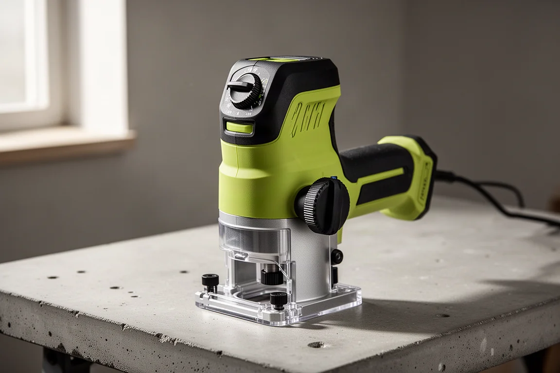 Compact cordless trim router standing on a concrete workbench surface