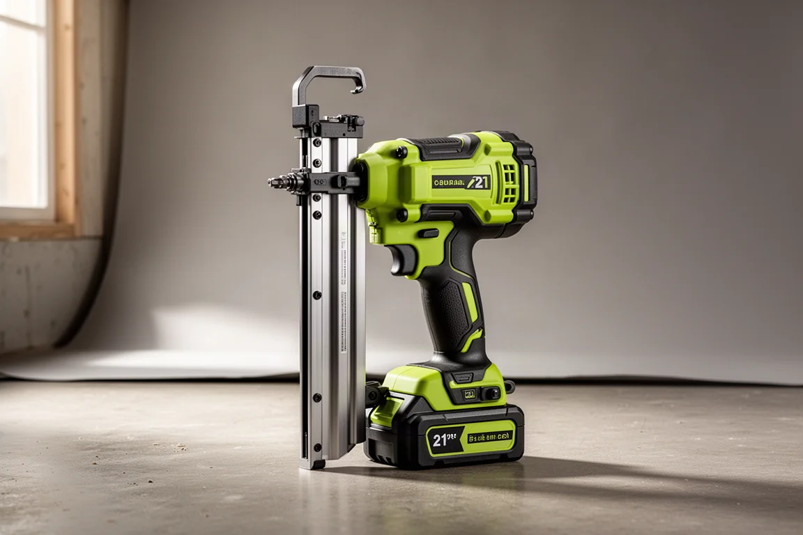 Chiodatore per intelaiature senza fili verde lime in piedi con batteria installata su calcestruzzo