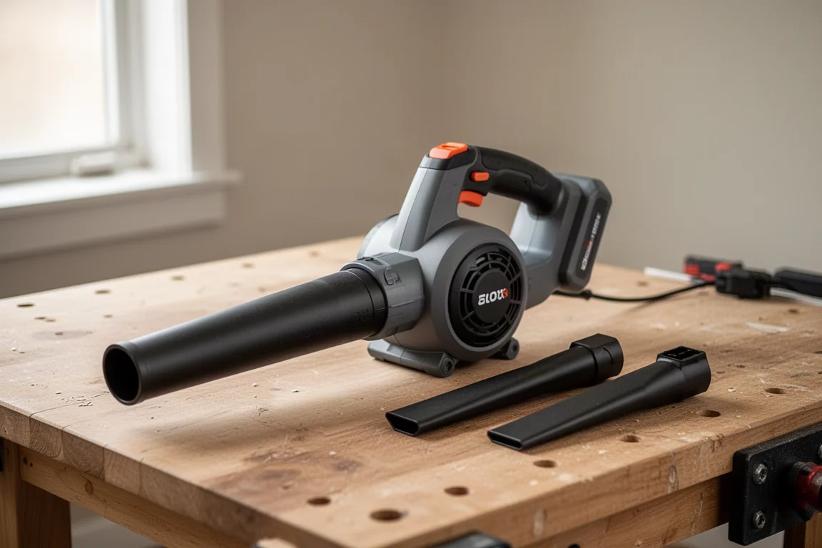 Soffiatore cordless compatto assemblato su una bancale con punte di ugello rimovibili disposte accanto
