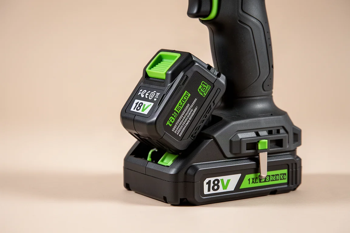 Batteria 18V che scorre nella base di un utensile elettrico compatto