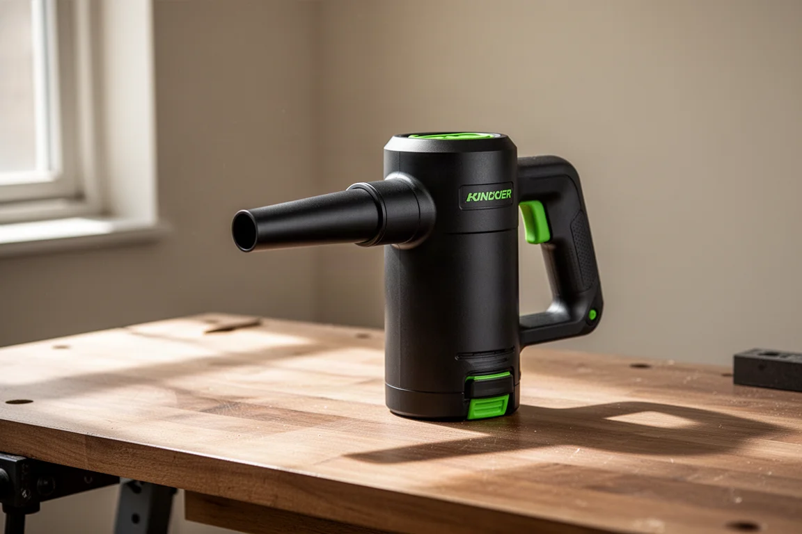 Soffiatore cordless compatto con ugello rimovibile su una bancale di legno